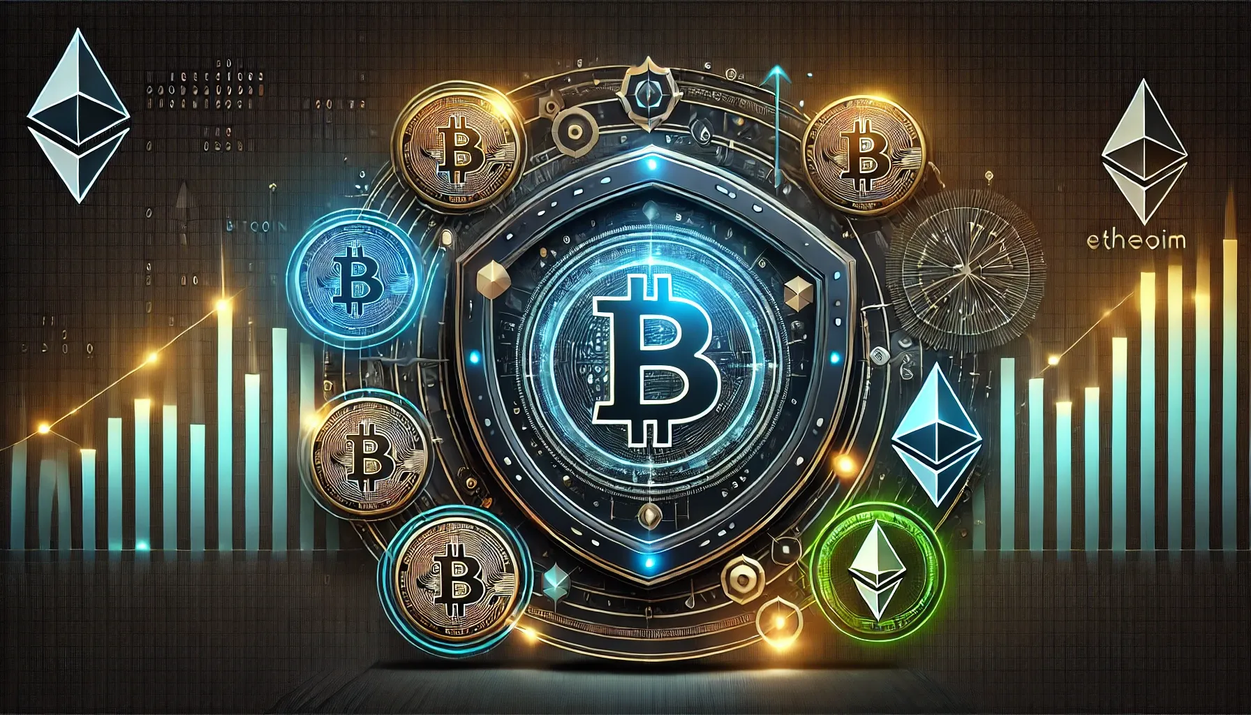 futuristic representation of cryptocurrencies as a hedge against inflation, with elements of security and economic stability.