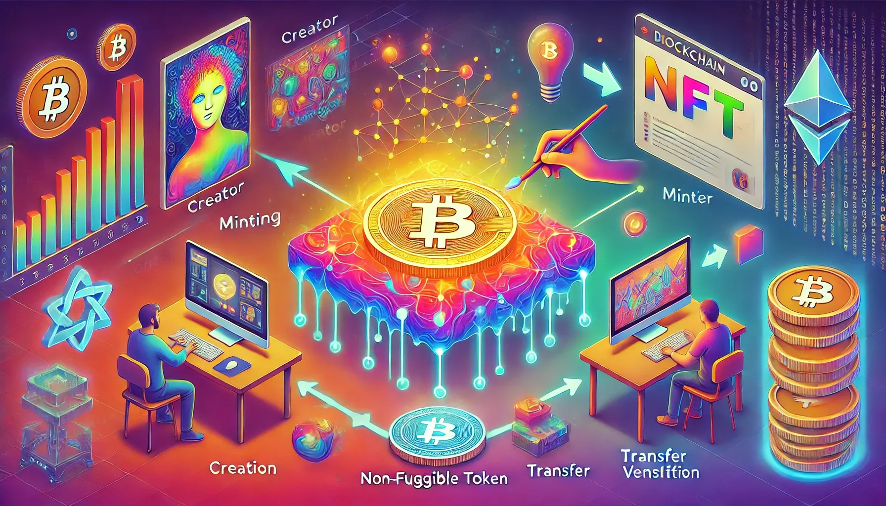 Bitcoin coin in the middle with two computers with two people studying an nft