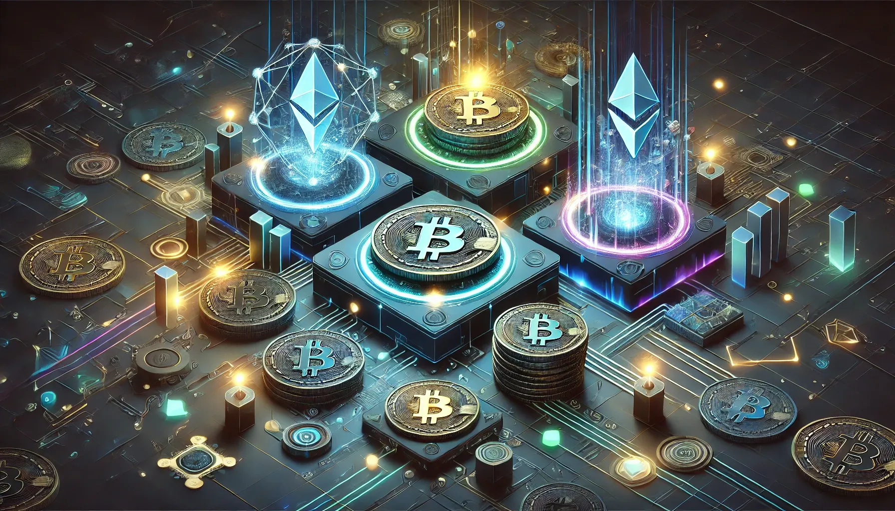 Futuristic representing the staking of cryptocurrencies with passive earnings, highlighting technological connectivity and financial growth.