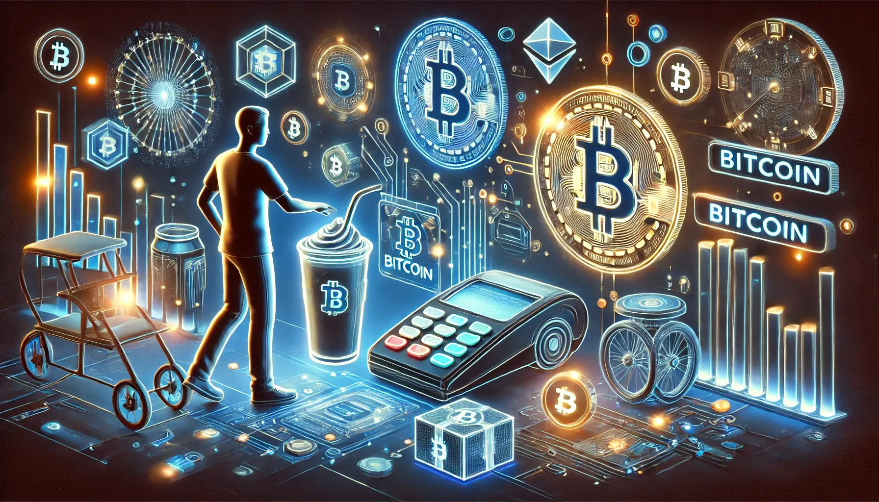 Person buying a drink with a very technological and futuristic image all in 3D with a dataphone to pay bitcoin coins. 