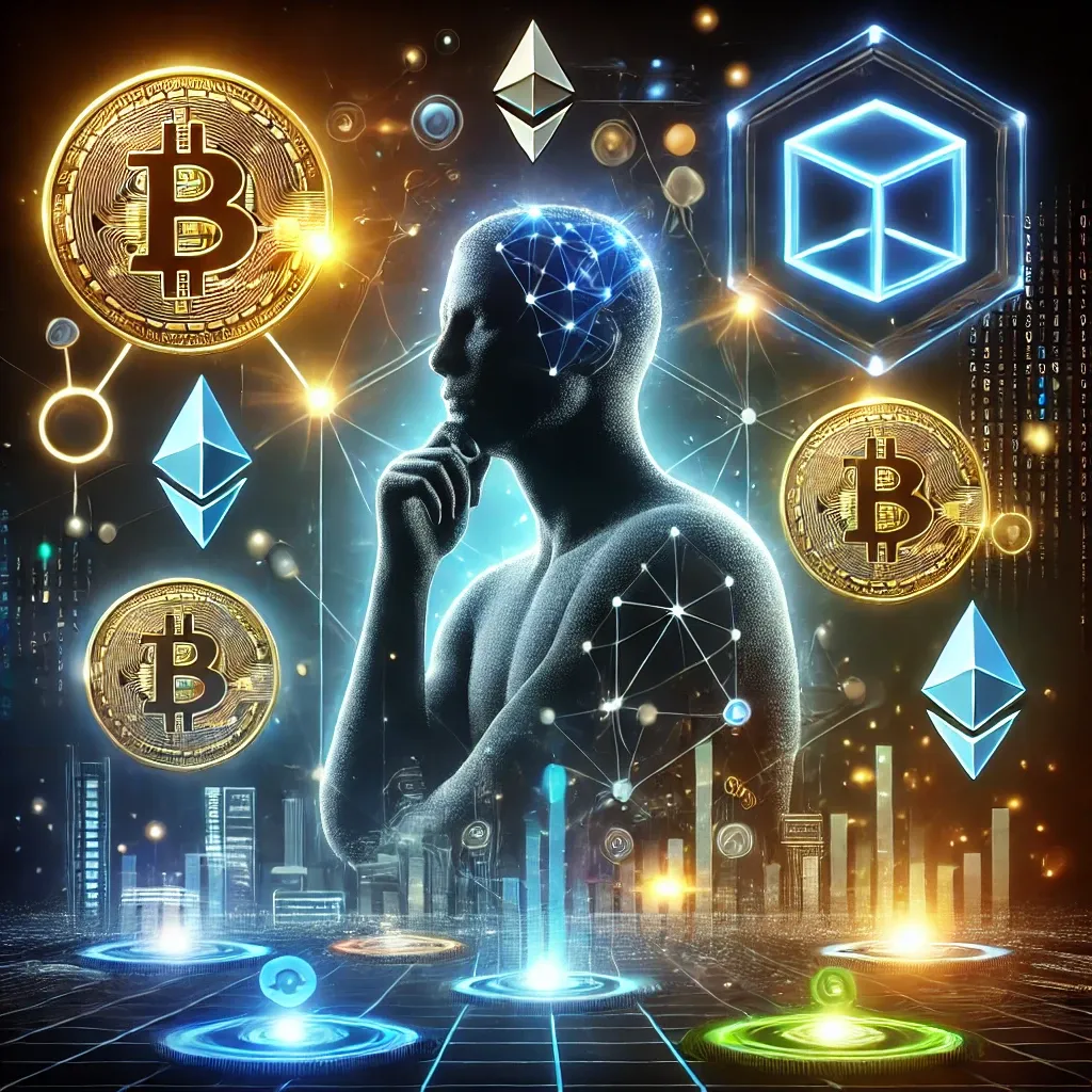 person reflecting on the future of decentralized finance and investment (DeFi) with a futuristic and vibrant technological design.