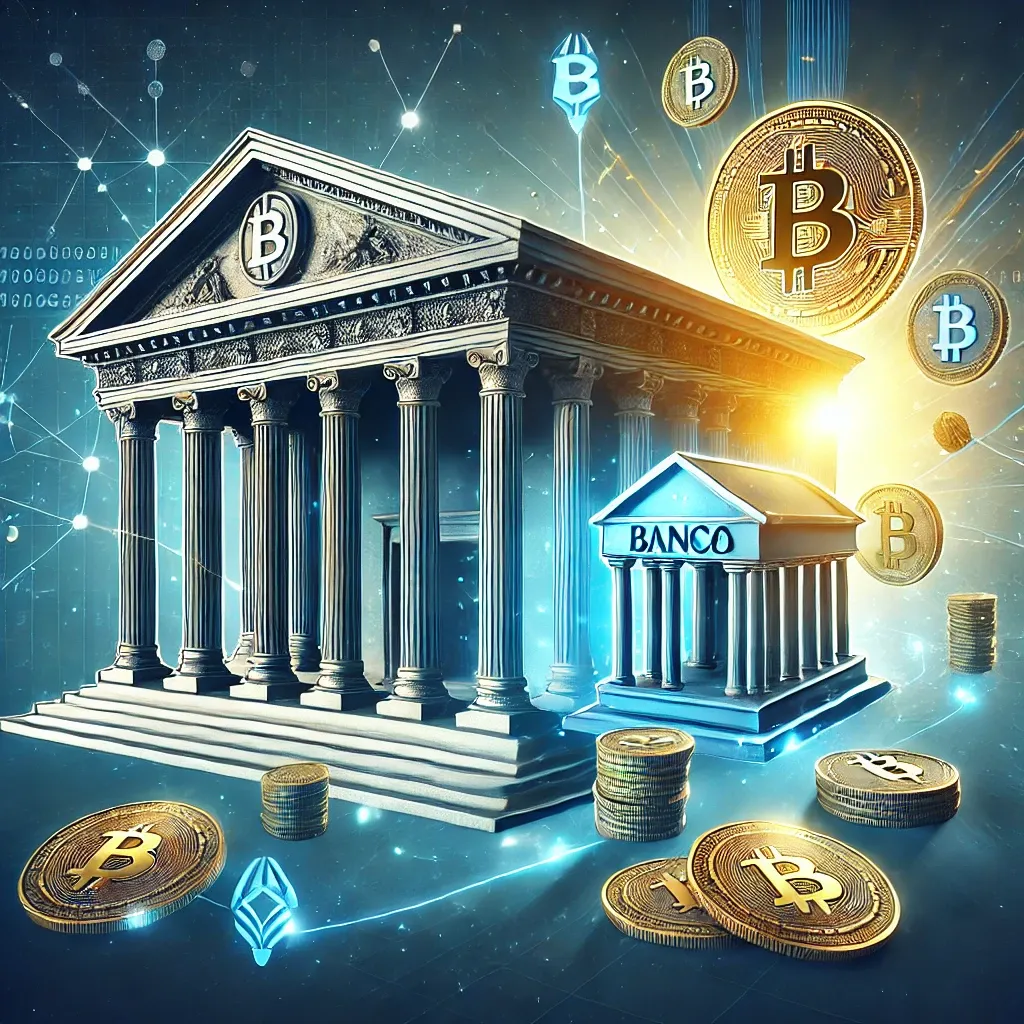 A bank and bitcoin coins 