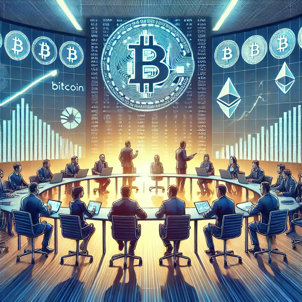 Many people sitting at a round table with bitcoin currency in the background