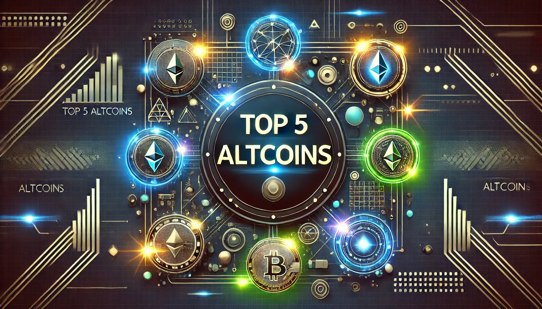 Top 5 altcoins with different currencies such as ethereum and bitcoin with a golden and dark and technological style. 