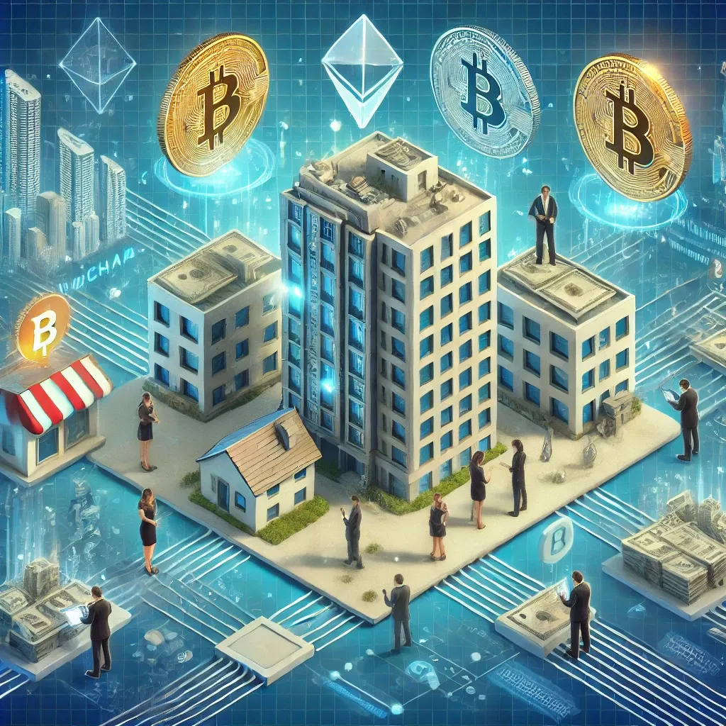 Buildings and bitcoin coins 