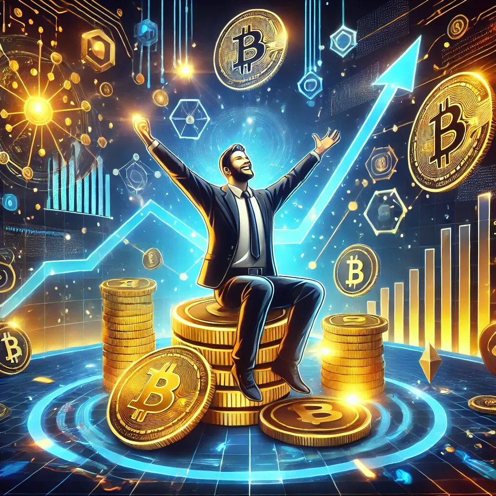 Person sitting on bitcoin coins with an expression of happiness for earning money.