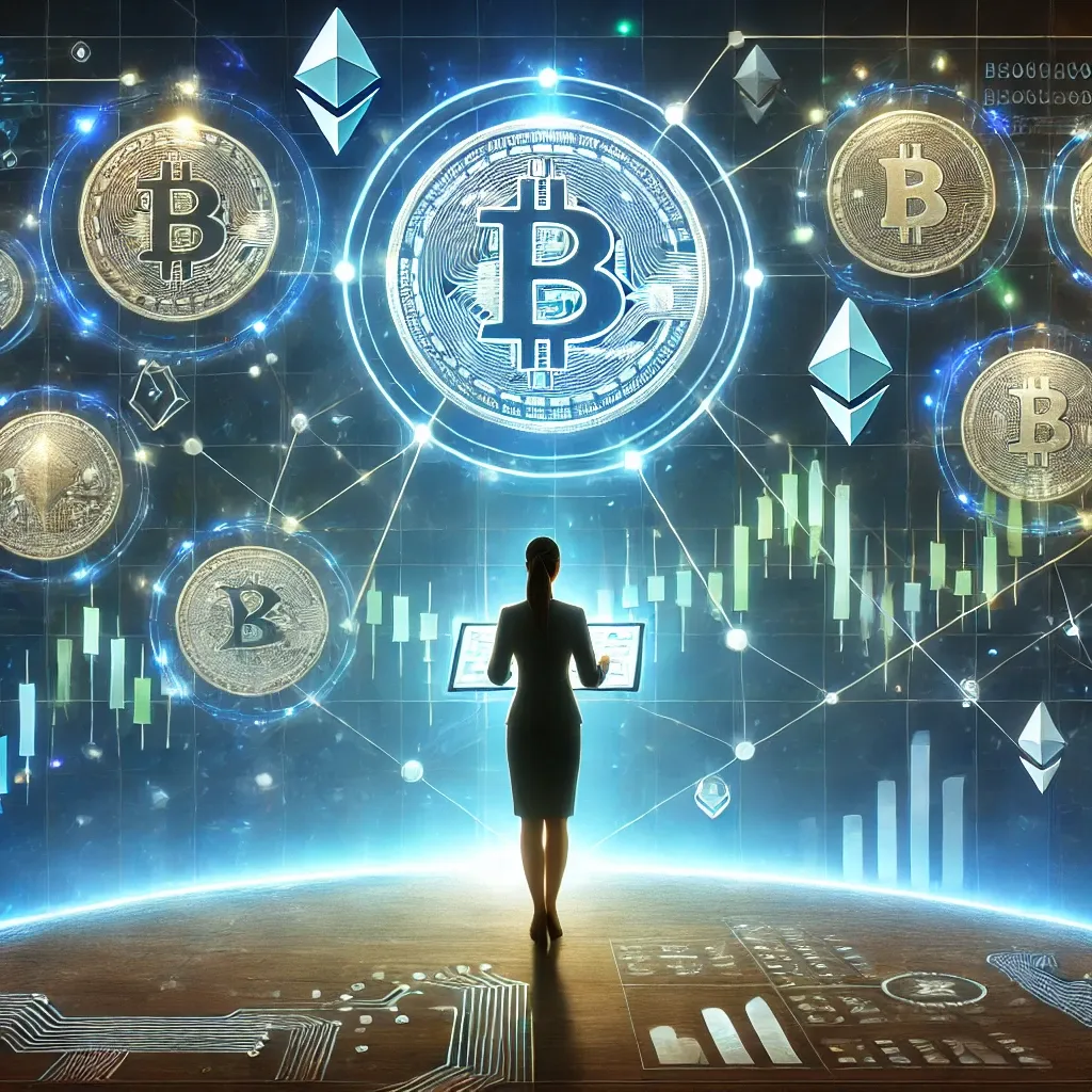 Woman looking for next cryptocurrency, bitcoin and ethereum coins appear 