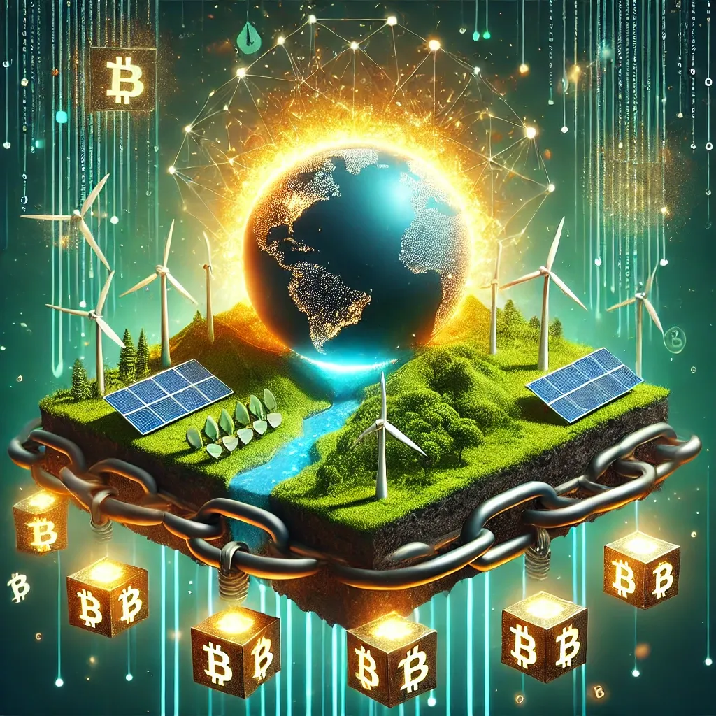 Bitcoin blocks, earth, solar panels 