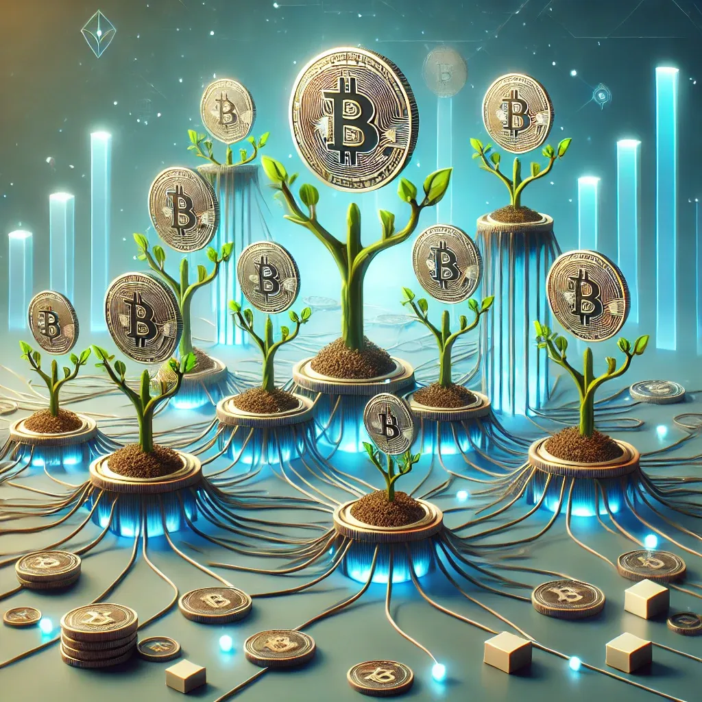 Interconnected bitcoin coins 